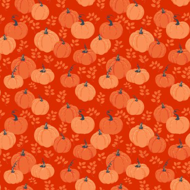 Parlak turuncu balkabakları ve sıcak kırmızı arka planda yapraklı dalları olan kusursuz bir vektör deseni. Sonbahar, Şükran Günü, kumaş, ambalaj kağıdı ve mevsimlik dekor için şablon