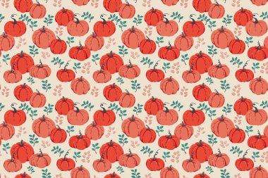 Elle çizilmiş balkabakları ve bej arka planda renkli sonbahar yaprakları içeren kusursuz vektör deseni. Mevsimlik tasarımlar, ambalajlama, kumaş, koleksiyon defteri ve sonbahar dekorasyon projeleri için şablon