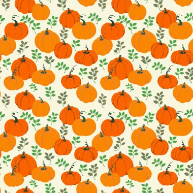 Elle çizilmiş turuncu kabaklar ve yeşil yapraklarla kusursuz vektör deseni. Sonbahar, Şükran Günü, ambalaj kağıdı, tekstil ve mevsimlik tasarımlar için şablon