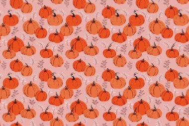 Elle çizilmiş balkabaklarıyla kusursuz sonbahar şablonu ve alacakaranlık gülüne dökülen yapraklar. Şükran Günü, mevsimlik ambalaj, kumaş ve dekor için mükemmel.