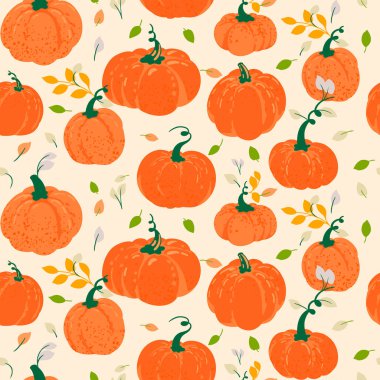 Açık krem arka planında sonbahar yaprakları olan canlı turuncu balkabaklarının kusursuz vektör deseni. Sonbahar, Şükran Günü, ambalaj, kumaş ve mevsimlik dekorasyon tasarımları
