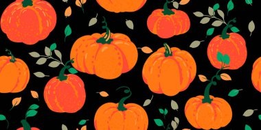 Siyah arkaplanda yeşil yapraklı parlak turuncu balkabaklarının kusursuz vektör deseni. Cadılar Bayramı için şablon, sonbahar tasarımları, tekstil, ambalaj ve mevsimlik dekor
