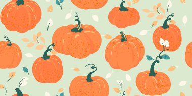 Elle çizilmiş balkabakları ve açık yeşil arka planda sonbahar yapraklarıyla kusursuz vektör deseni. Mevsimlik dekorasyon, tekstil, ambalaj ve Şükran Günü projeleri için tasarımlar