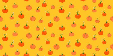 Playful seamless vector pattern with small orange pumpkins on a warm yellow background. Template for autumn, kids products, wrapping paper, textiles, festive design