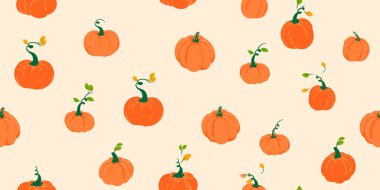 Yeşil sarmaşıklı ve açık bej arka planda düşen yapraklı sevimli el balkabakları içeren kusursuz bir vektör deseni. Sonbahar, hasat ya da Şükran Günü temaları için tasarımlar