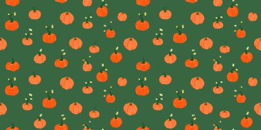 Koyu yeşil arka planda küçük turuncu balkabakları ve yeşil saplı şirin, pürüzsüz vektör deseni. Sonbahar için şablon, çocuk tasarımları, kumaş ve mevsimlik dekor & # xD; & # xA;
