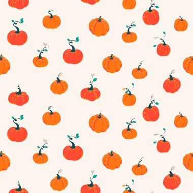 Güzel el çizimleri, balkabakları, yapraklar ve hafif krem arka planda sapları olan kusursuz bir vektör deseni. Sonbahar, Şükran Günü, Cadılar Bayramı, tekstil, ambalaj kağıdı ve davetiyeler için tasarım
