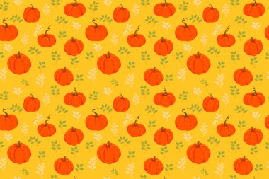 Parlak turuncu balkabaklarıyla kusursuz vektör deseni ve sıcak sarı arka planda ince yapraklı elementler. Sonbahar, Şükran Günü ve mevsimlik tasarım projeleri