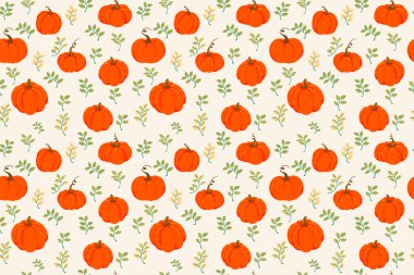 Turuncu kabaklı kusursuz vektör deseni ve açık bej arkaplanda hassas düşme yaprakları. Sonbahar temalı baskılar, tekstil, ambalaj ve mevsimlik dekorlar için tasarımlar