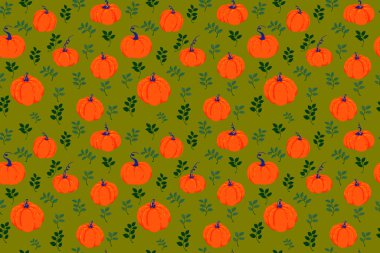 Zeytin yeşili arka planda yeşil yapraklı turuncu balkabakları içeren kusursuz vektör deseni. Sonbahar, hasat ve Şükran Günü temalı projeler için tasarım