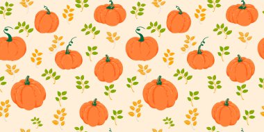 Elle çizilmiş turuncu balkabakları ve açık bej arka planda yeşil yaprakları olan kusursuz vektör deseni. Sonbahar, Şükran Günü ya da kırsal mevsimlik tasarımlar için şablon