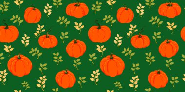 Parlak turuncu balkabaklarıyla kusursuz vektör deseni ve koyu yeşil arka planda dekoratif sonbahar yaprakları. Sonbahar temalı tasarımlar, tekstil ve ambalaj için şablon