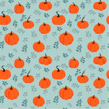 Elle çizilmiş turuncu balkabakları ve yumuşak açık mavi arka planda mavi yapraklı dalları olan kusursuz vektör deseni. Sonbahar, Şükran Günü ya da mevsimlik tasarımlar için mükemmel