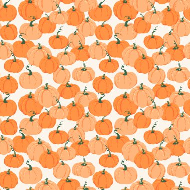 Yumuşak krema arka planında elle çizilmiş turuncu balkabağı desenli kusursuz vektör deseni. Sonbahar için tasarım, Şükran Günü, hasat, ambalaj, tekstil baskıları ve mevsimlik dekorasyon