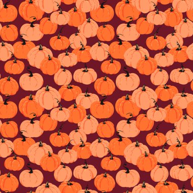 Kalın el kümeleri olan kusursuz vektör deseni koyu bir bordo arka planda turuncu balkabakları çiziyordu. Sonbahar, hasat, Şükran Günü, tekstil ve mevsimlik dekorasyon için dizayn