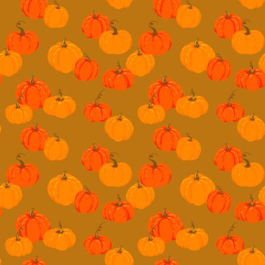 Elle çizilmiş turuncu balkabaklarıyla kahverengi arka planda kusursuz vektör deseni. Sonbahar ambalajı, mevsimlik ambalaj, Şükran Günü dekorasyonu ve sonbahar tekstil tasarımları.