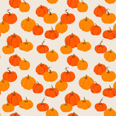 Açık krem arka planında turuncu renkli balkabakları olan kusursuz vektör deseni. Sonbahar tekstil ürünleri, güz ambalajı, mevsimlik ambalaj ve Şükran Günü dekorasyonu için tasarım.
