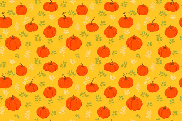 Parlak turuncu balkabaklarıyla kusursuz vektör deseni ve sıcak sarı arka planda ince yapraklı elementler. Sonbahar, Şükran Günü ve mevsimlik tasarım projeleri