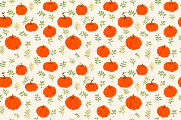 Turuncu kabaklı kusursuz vektör deseni ve açık bej arkaplanda hassas düşme yaprakları. Sonbahar temalı baskılar, tekstil, ambalaj ve mevsimlik dekorlar için tasarımlar