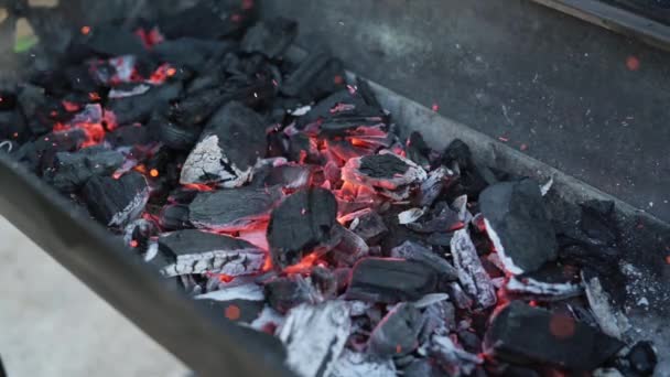 Charcoal Burns Grill Tongues Flame Sparks Burst Out Slow Motion — Vídeos de Stock