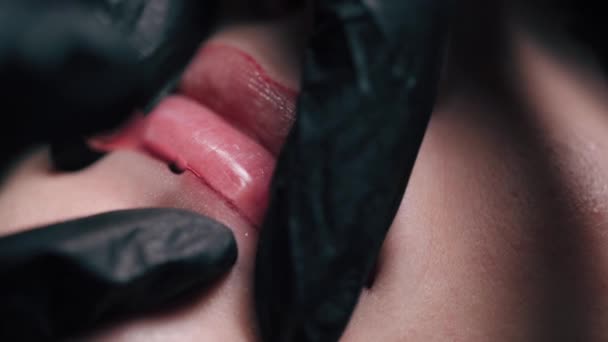 Permanent Lip Makeup Process Woman Applying Permanent Makeup Lips Beauty — Vídeo de stock