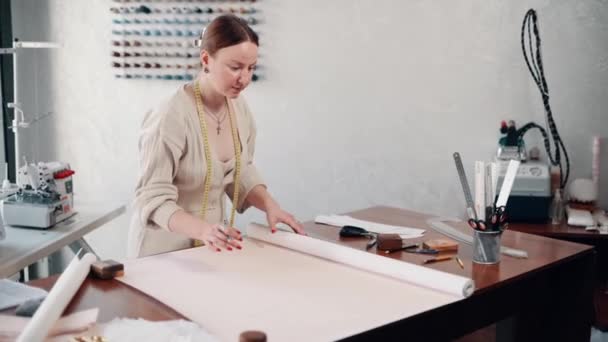 Clothing Designer Draws Patterns Workshop — Vídeo de Stock