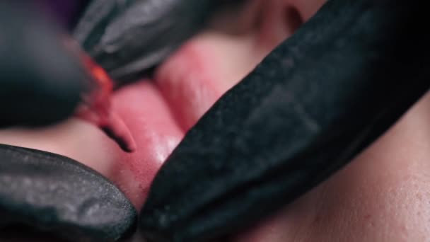 Permanentes Lippenschminken Microblading Lippentätowierung Mit Speziellem Farbpigment Korrigiert Die Lippenfarbe — Stockvideo