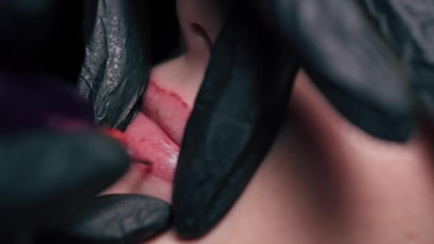 Permanentes Lippenschminken Microblading Lippentätowierung Mit Speziellem Farbpigment Korrigiert Die Lippenfarbe — Stockvideo
