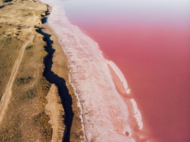 Pembe gölün sahil şeridi. Tepeden tırnağa. İHA atışı.