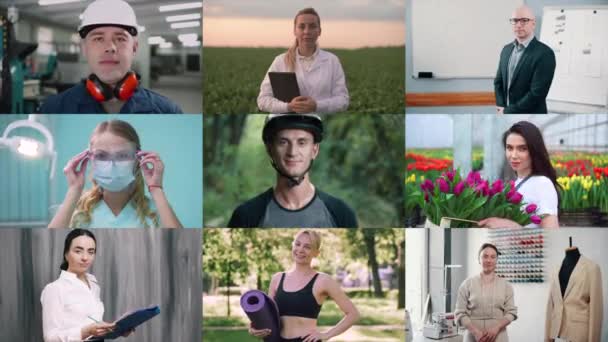 Smiling People Different Genders Professions Look Camera Collage Portraits — Stock videók
