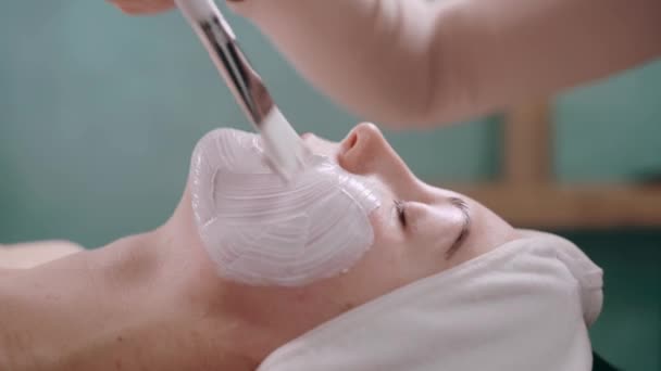 Cosmetologo Applica Una Maschera Idratante Viso Dei Clienti Con Pennello — Video Stock