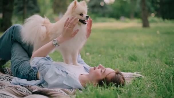 Молода Жінка Лежить Траві Тримає Руках Свого Померанського Собаку — стокове відео