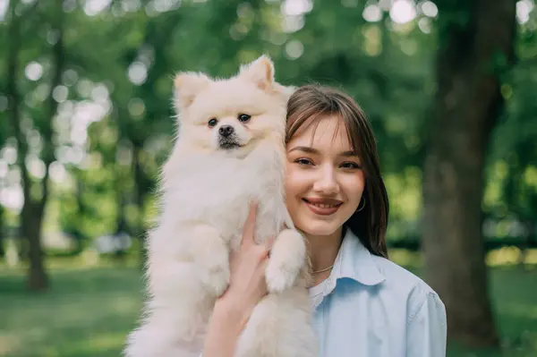 Πορτραίτο Μιας Νεαρής Γυναίκας Σκύλο Της Πομεράνιαν Στα Χέρια Του — Φωτογραφία Αρχείου