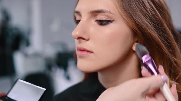 Maquiagem Artista Aplica Fundação Com Pincel Para Rosto Uma Jovem — Vídeo de Stock