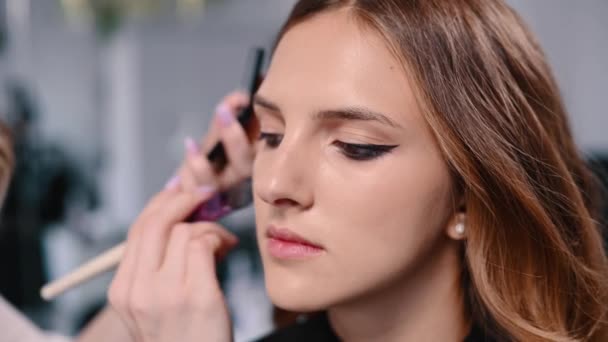 Makyaj Sanatçısı Kuaförde Genç Bir Kadının Yüzüne Fırçayla Bir Temel — Stok video