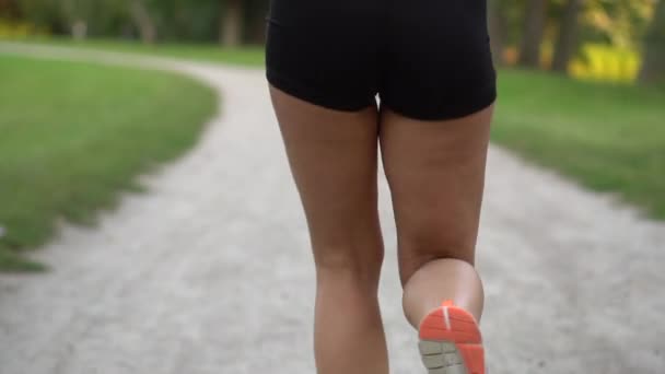 Жінка Біжить Парку Літній День Повільний Рух Вид Ззаду — стокове відео