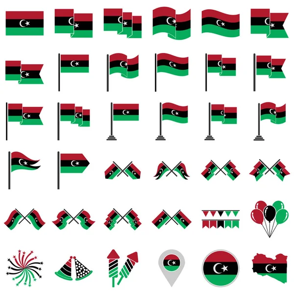 Libia Banderas Icono Conjunto Libia Día Independencia Icono Conjunto Vector — Vector de stock