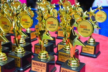 A table full of trophies to be distributed to the winner at competition on 5th Jeevan Juice festival 
