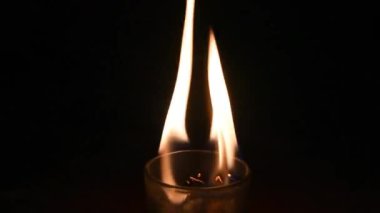 Burning Candle flame inside a glass surrounded by dark background