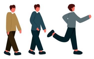 Young man standing, walking and running collection, flat vector illustration.