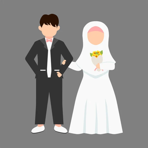 Muslim Wedding Couple Character Bride Groom Cartoon Style Faceless Character — Stock Vector