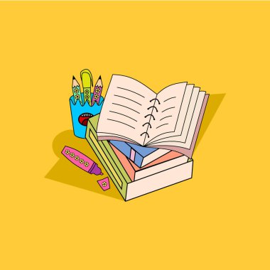 Okul malzemeleri kompozisyonu. İçinde kitap yığını, açık kitap, renk kalemi, silgi ve sarı arka planda kalem var. Eğitici kavram.