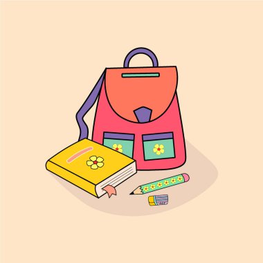 Okul malzemeleri kompozisyonu. Sırt çantası, kitap, kalem ve silgi dahil. Eğitici kavram.