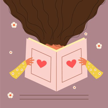 Kitap okuyorum. Uzun saçlı genç kadınlar kocaman bir kitap açıp tadını çıkarıyorlar. Düz illüstrasyon, eğitim kavramı.