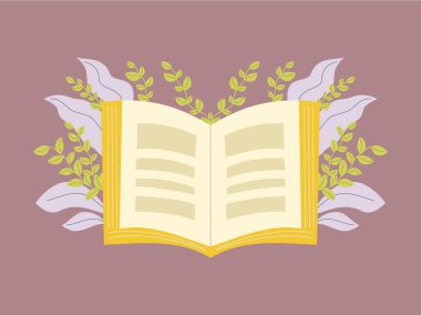 Kitap festivali konsepti. Çiçekli, kocaman bir kitap. Düz illüstrasyon vektörü, poster ve afiş.