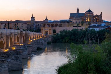 Cordoba akşam görünümü Roma köprüsü ve Camii-Katedrali. Andalusia, İspanya