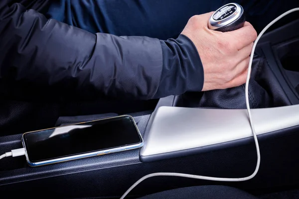 Charging Phone Car Smartphone Connected Charger Lying Dangerous Place While — Stock Photo, Image