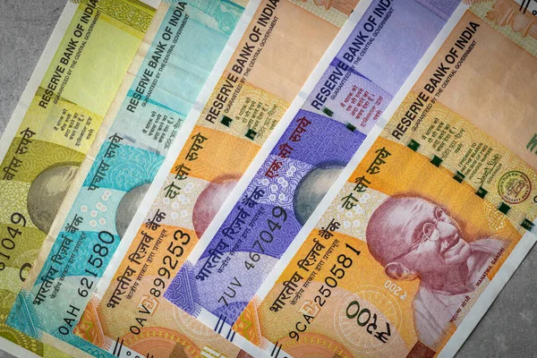 Pieniądze Indyjskie Różne Banknoty Nowej Serii Koncepcja Gospodarcza Finansowa — Zdjęcie stockowe