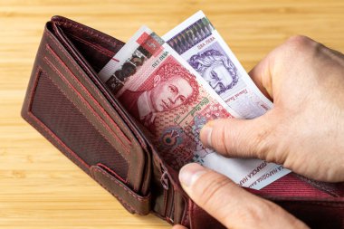 Hand takes out money from wallet, Bulgaria banknotes, Economic and financial concept, rising prices, Bulgarian Lev value clipart