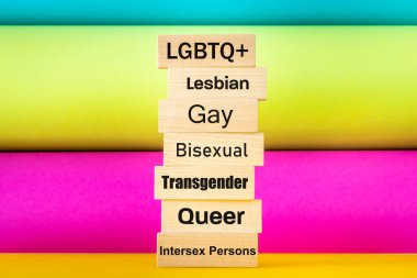 Sexual minorities, LGBTQ+ Tolerance, support and equality concept, Wooden signs with minority groups listed, Activist and human rights clipart